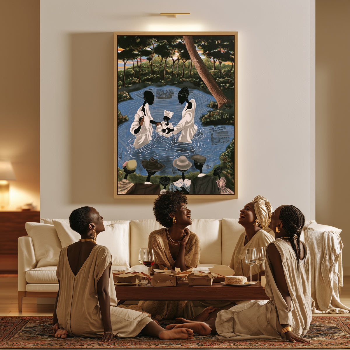 The River Baptism canvas in a living room, a family sitting together on the floor