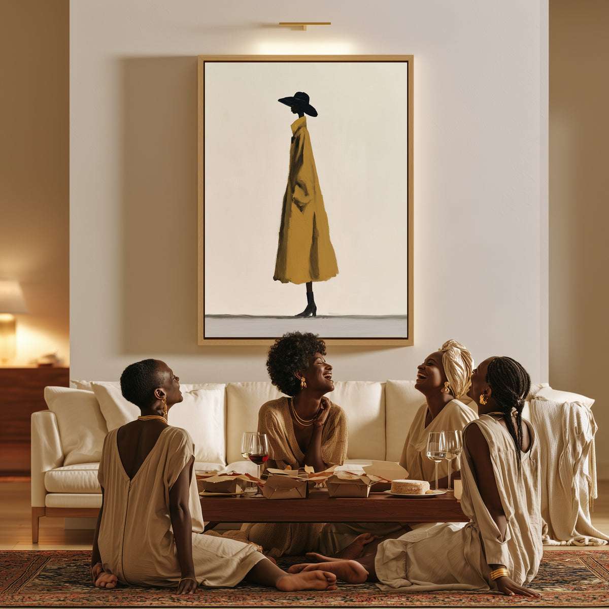 Mustard Solitude canvas in a living room, a family sitting together on the floor