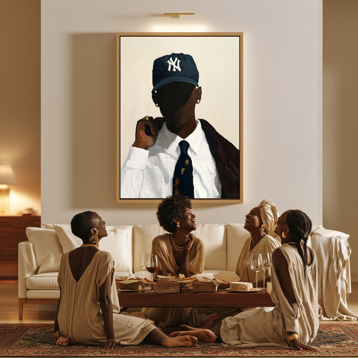 Man in Navy Cap canvas in a living room, a family sitting together on the floor