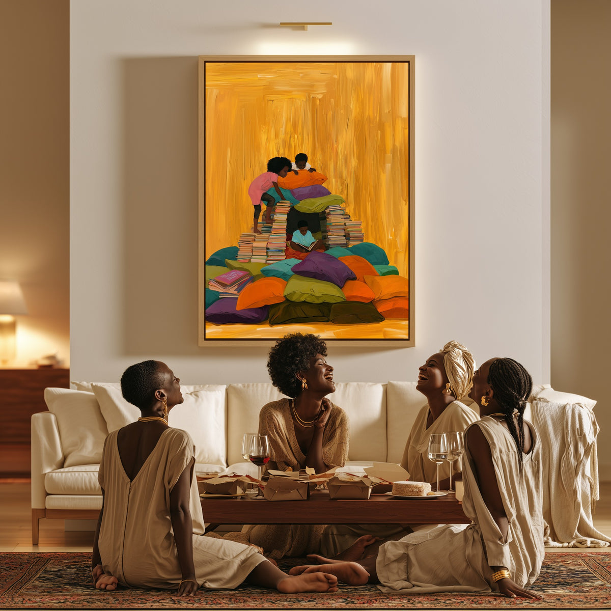 The Reading Fort canvas in a living room, a family sitting together on the floor