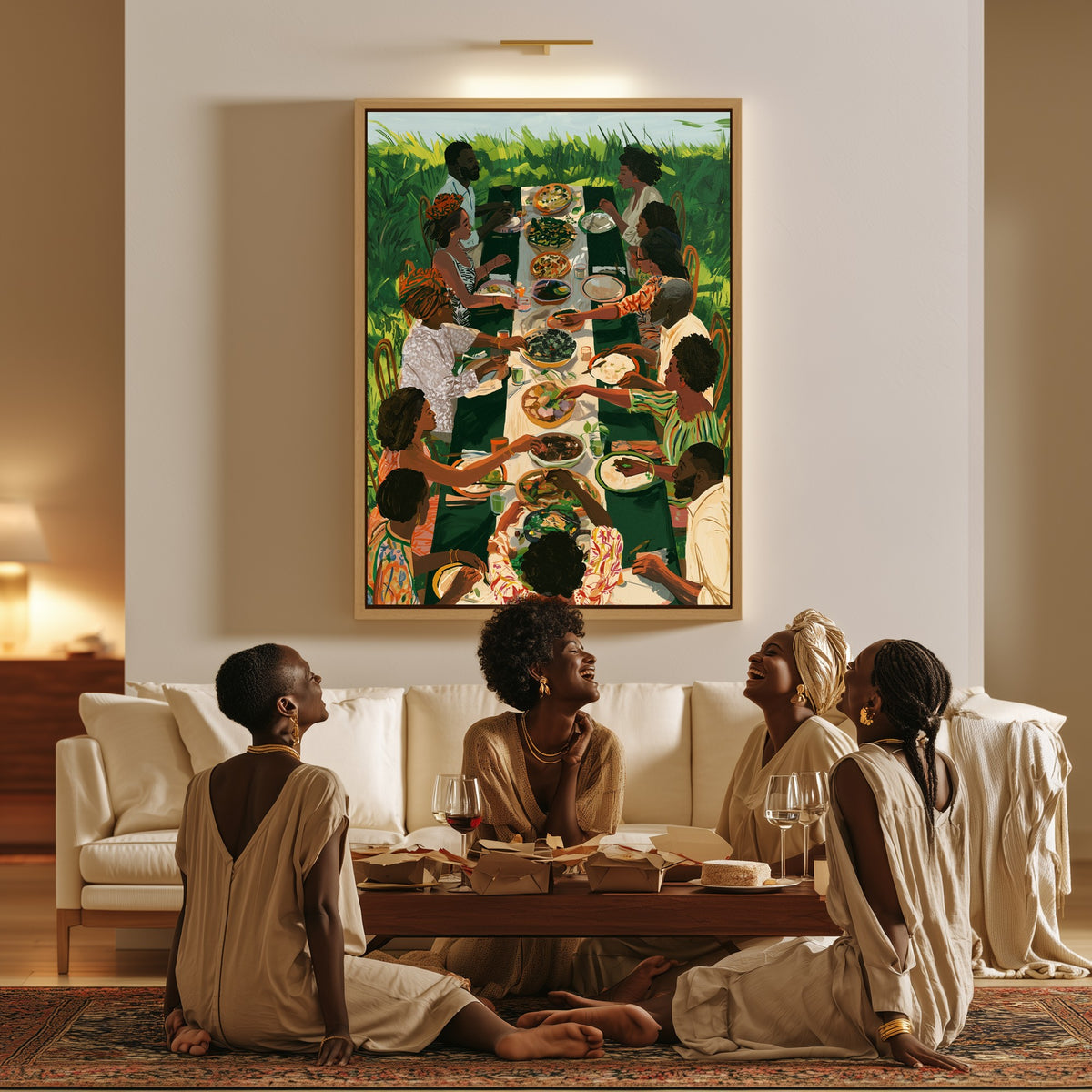 Harvest Table canvas in a living room, a family sitting together on the floor