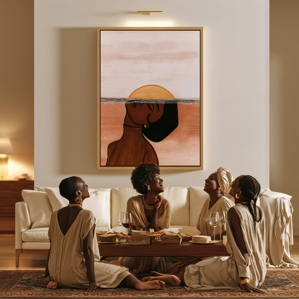 Moonrise Within canvas in a living room, a family sitting together on the floor