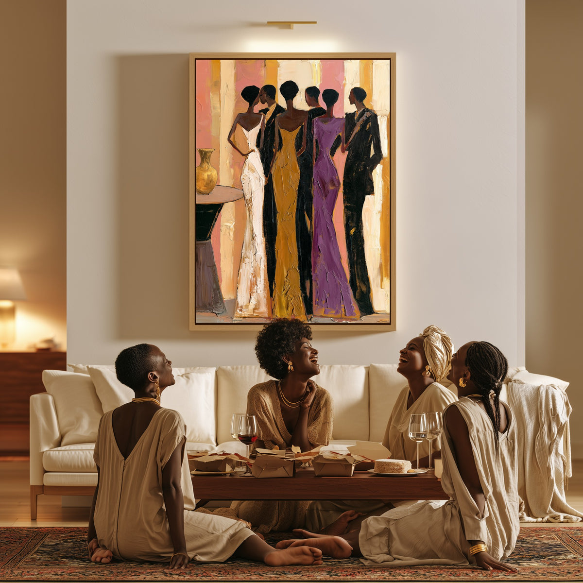 Arrivals at Eight canvas in a living room, a family sitting together on the floor