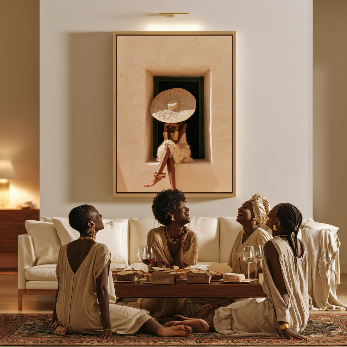 Warm Seclusion canvas in a living room, a family sitting together on the floor