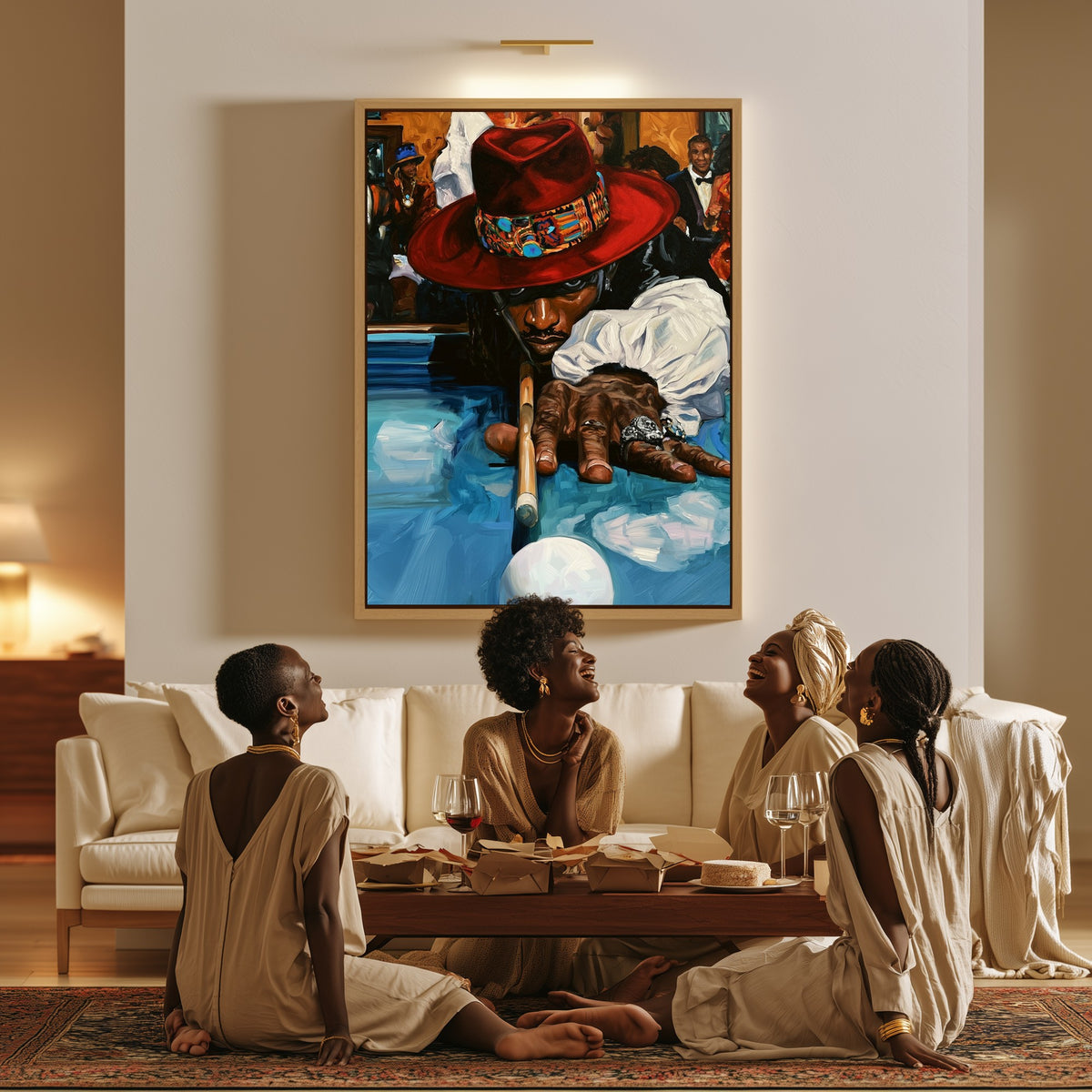 Last Shot at Midnight canvas in a living room, a family sitting together on the floor