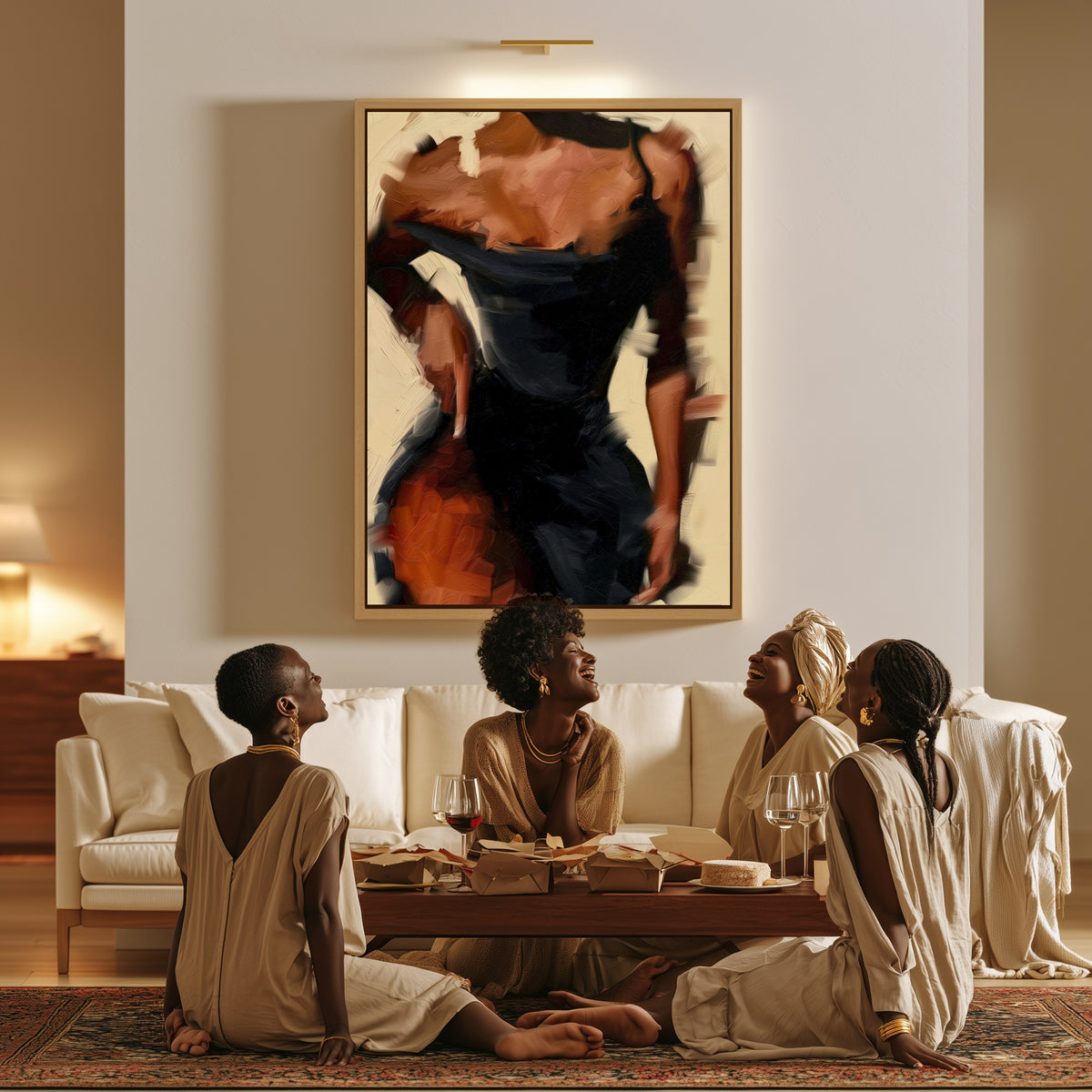 Fleeting canvas in a living room, a family sitting together on the floor