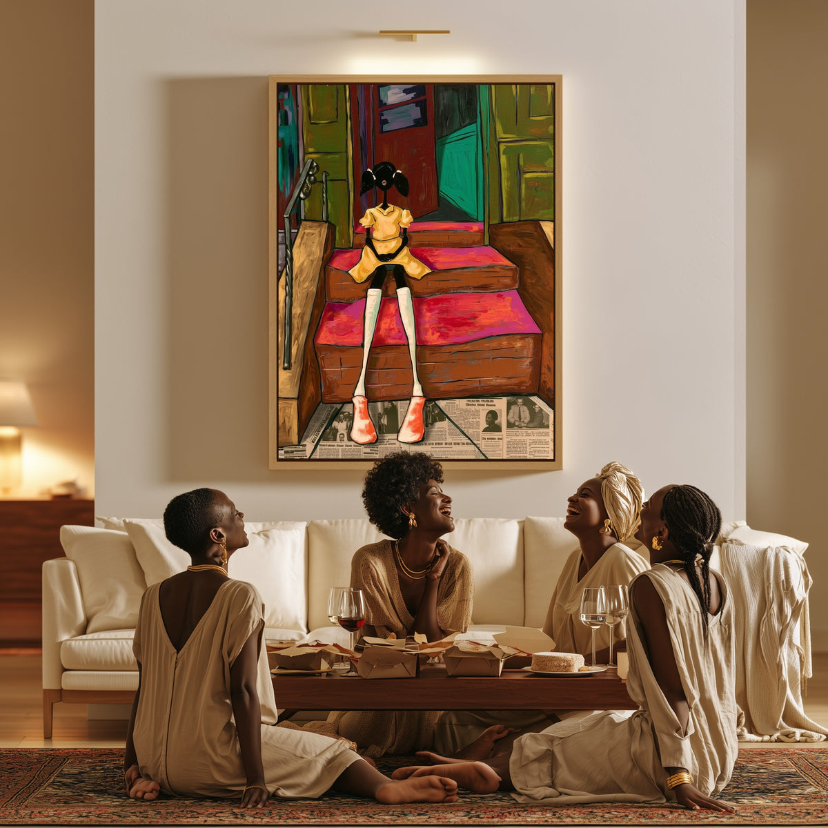 Girl on the Stoop canvas in a living room, a family sitting together on the floor