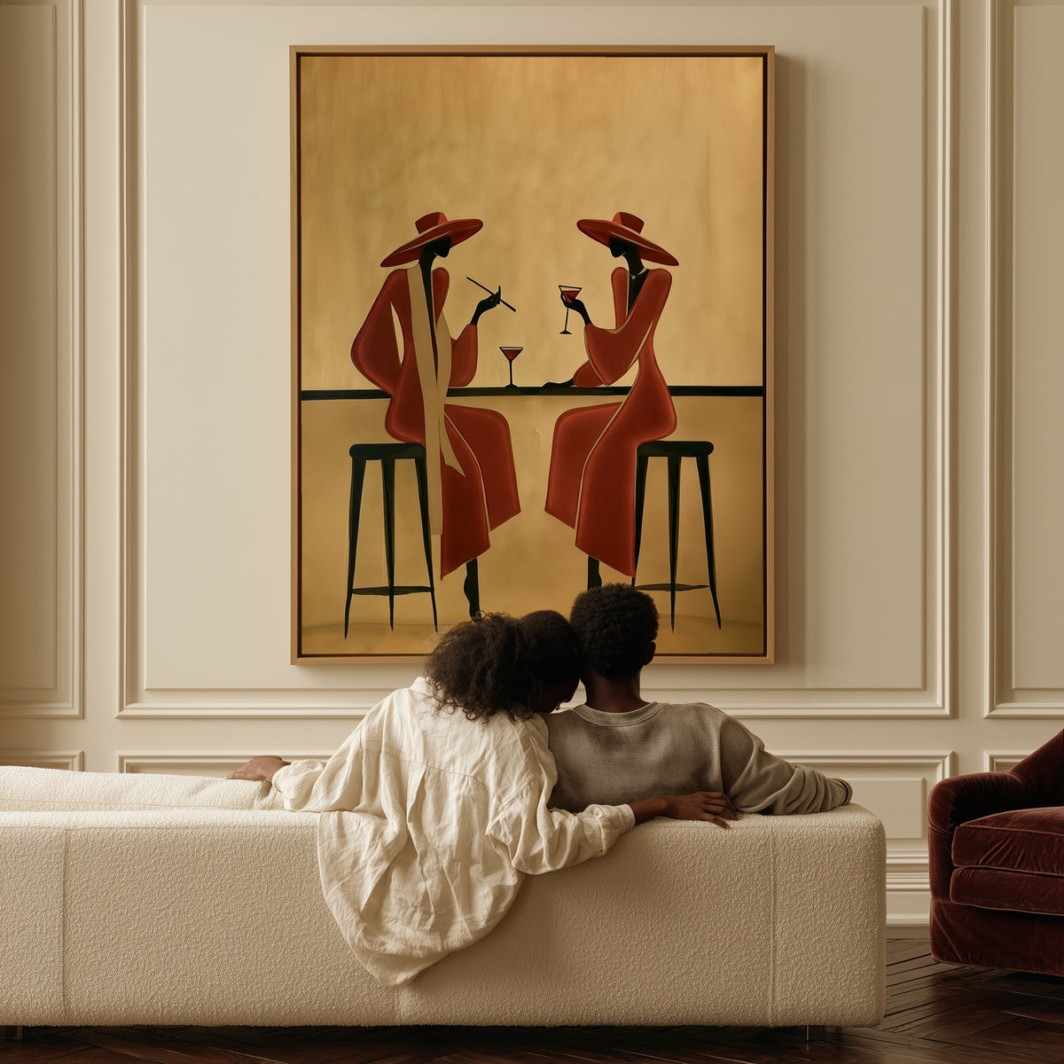 Two at the Bar canvas above a sofa, a couple sitting together