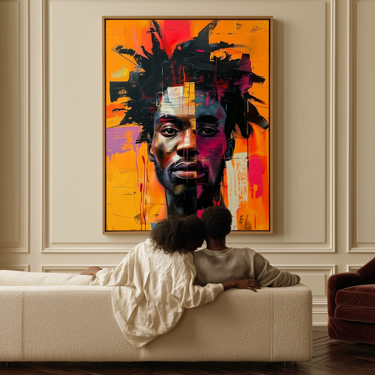 Loud Crown canvas above a sofa, a couple sitting together