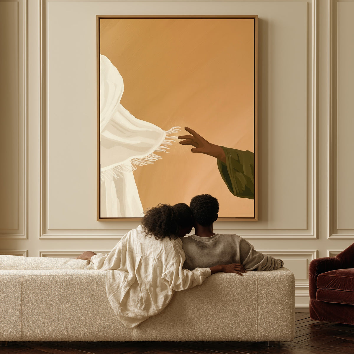 The Hem canvas above a sofa, a couple sitting together