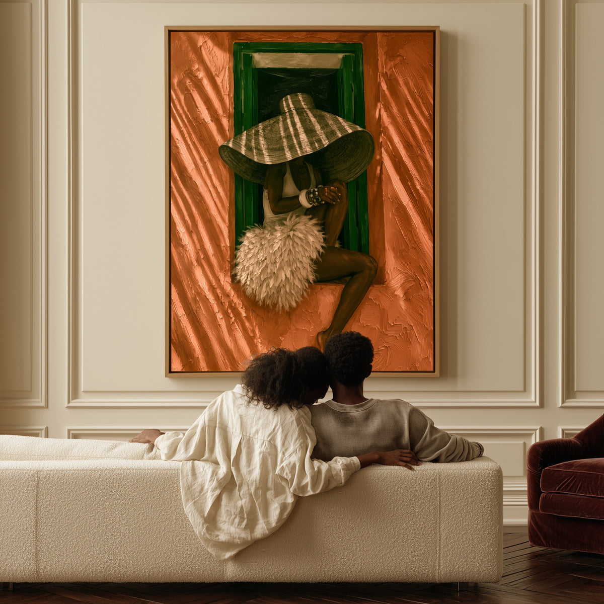 Woman at the Window canvas above a sofa, a couple sitting together