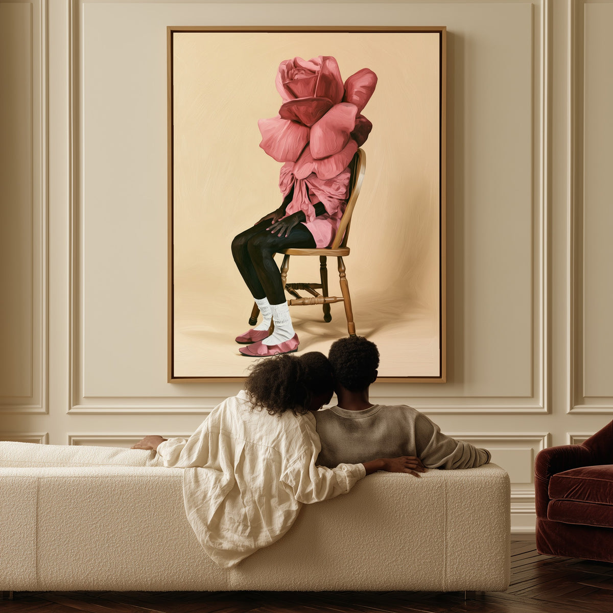 Rose Reverie canvas above a sofa, a couple sitting together