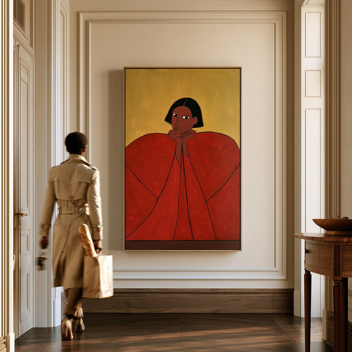 Crimson Repose canvas in a hallway, a woman in a trench coat