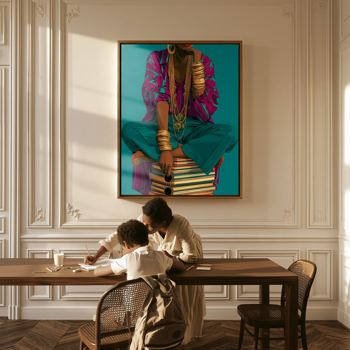 Throne of Books canvas above a table, a mother and child at work