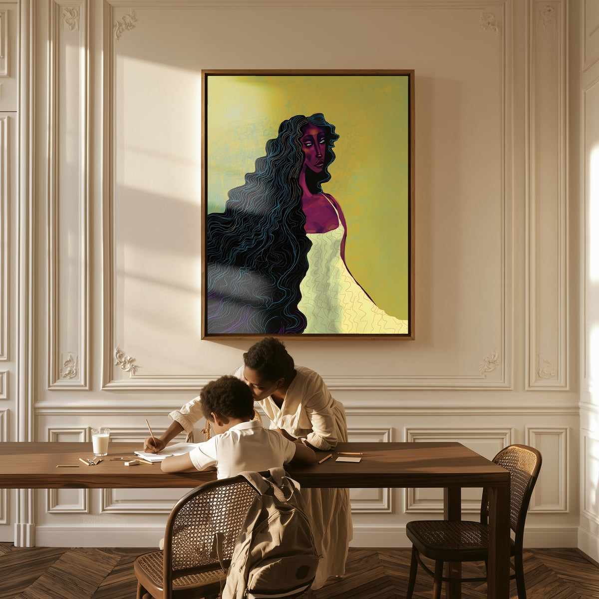 Undertow canvas above a table, a mother and child at work