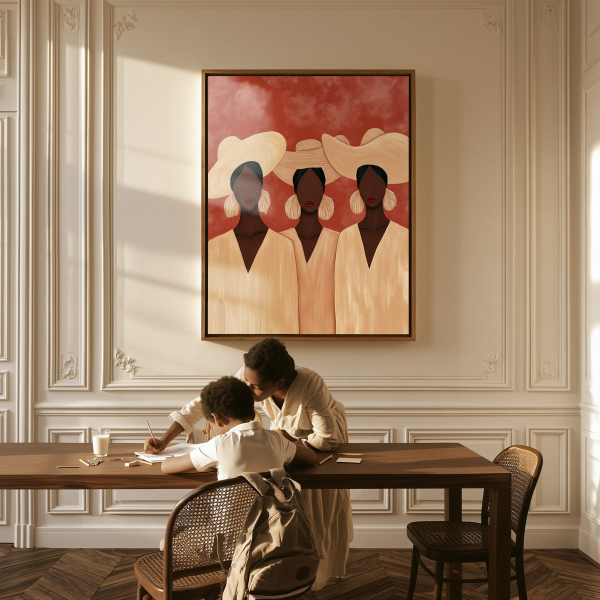 Summer Trio canvas above a table, a mother and child at work