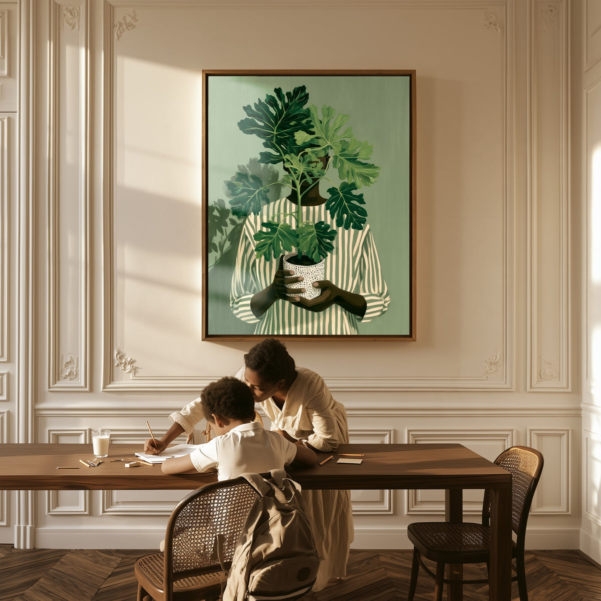 Quiet Growth canvas above a table, a mother and child at work