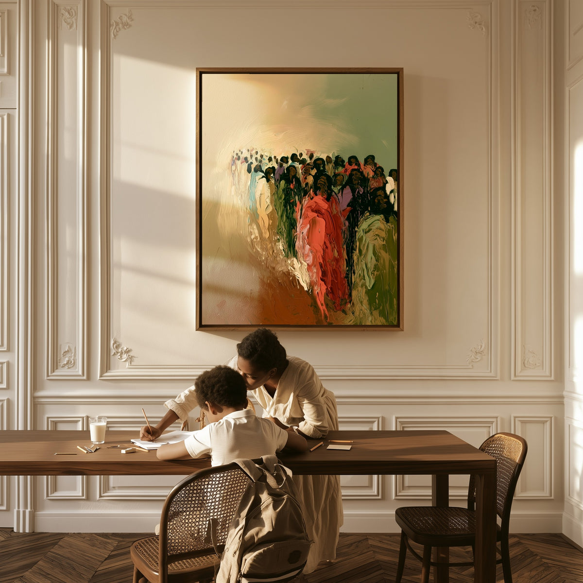 The Great Migration canvas above a table, a mother and child at work
