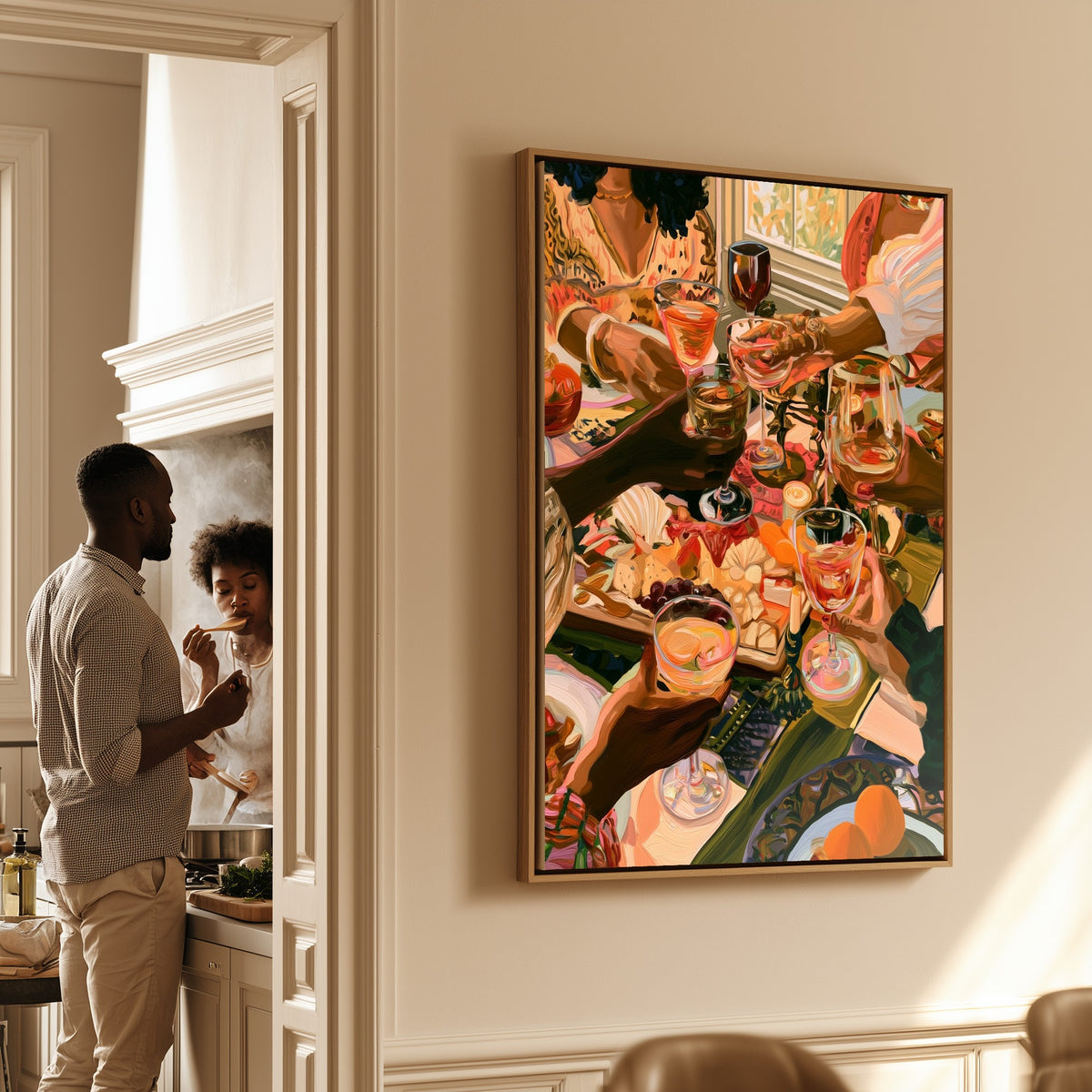 Late Brunch, Good Light canvas in a kitchen, a couple beside it