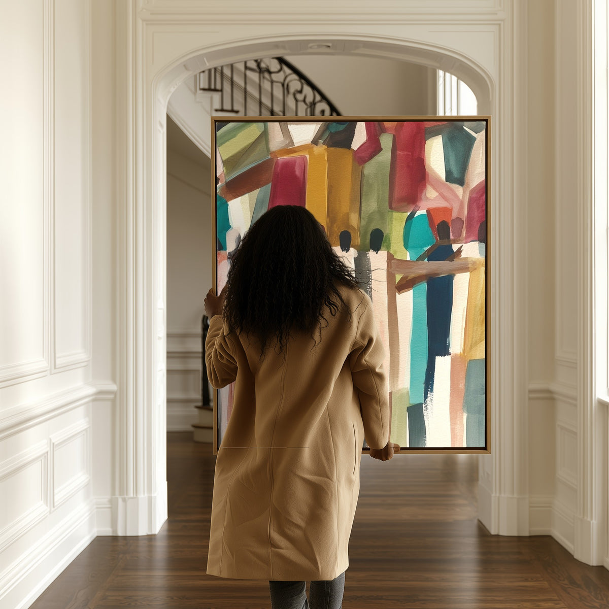 Shoulder to Shoulder canvas in a hallway, a woman passing by