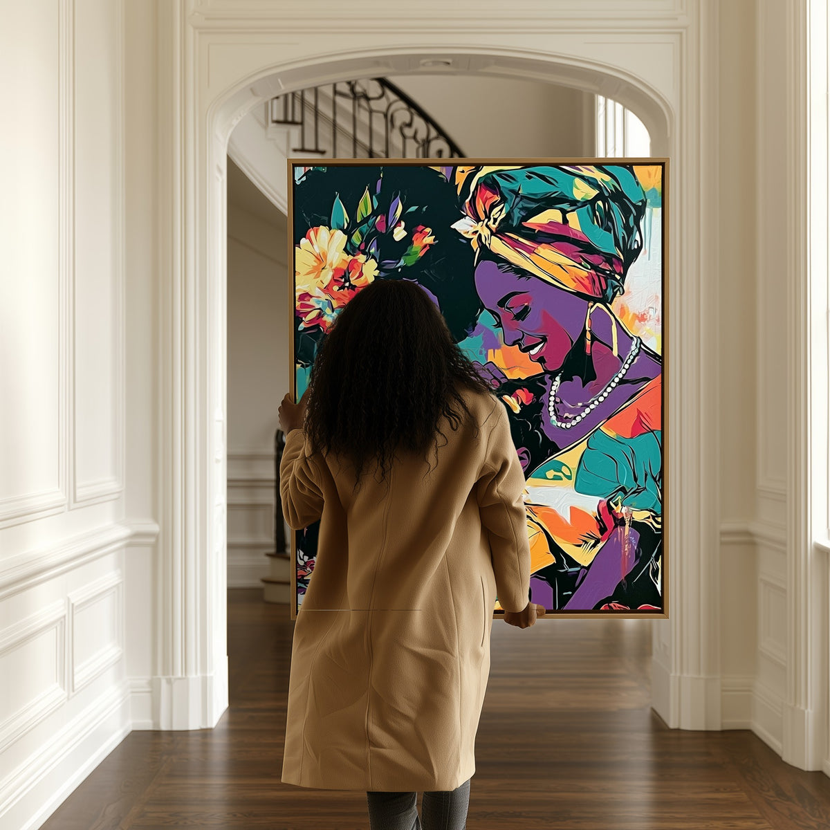 Held Between Us canvas in a hallway, a woman passing by
