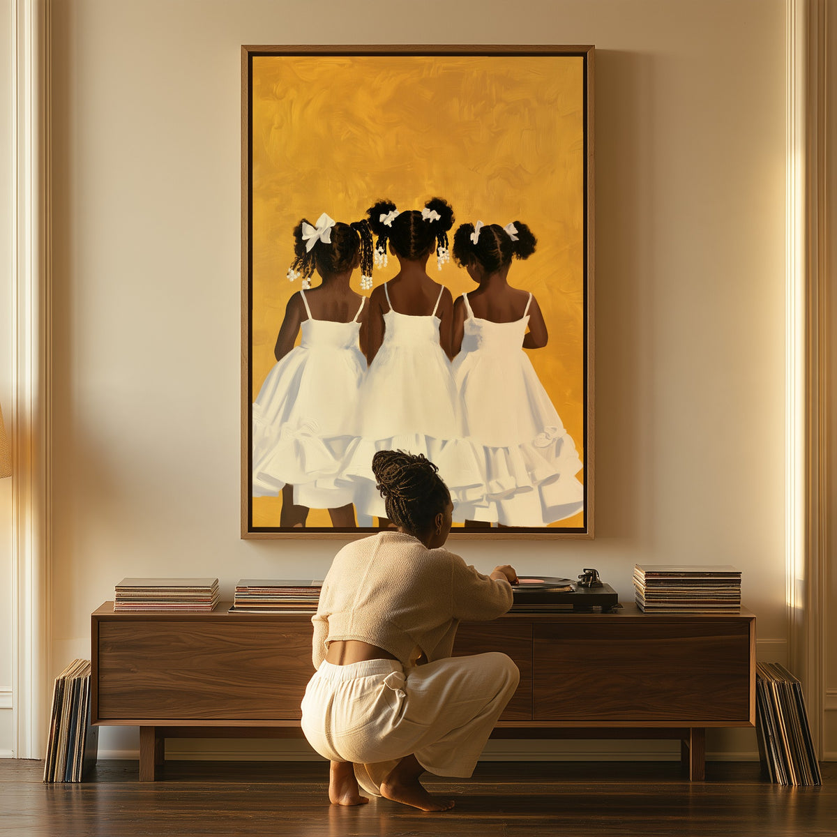 Before the Photograph canvas above a console table, a woman beside it