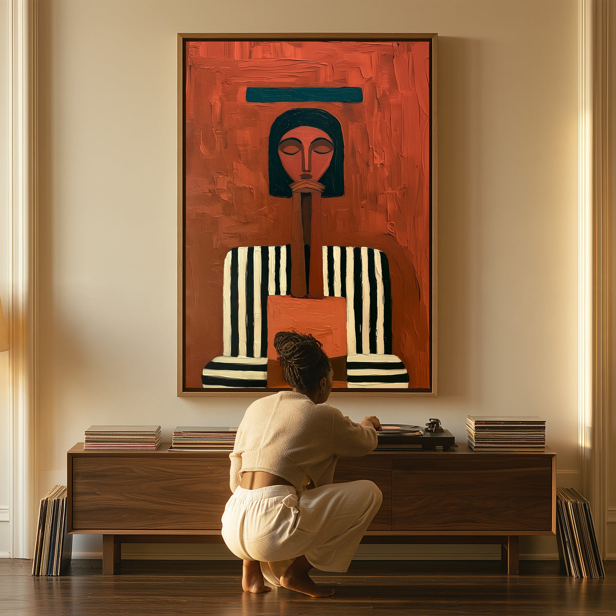 The Vigil canvas above a console table, a woman beside it