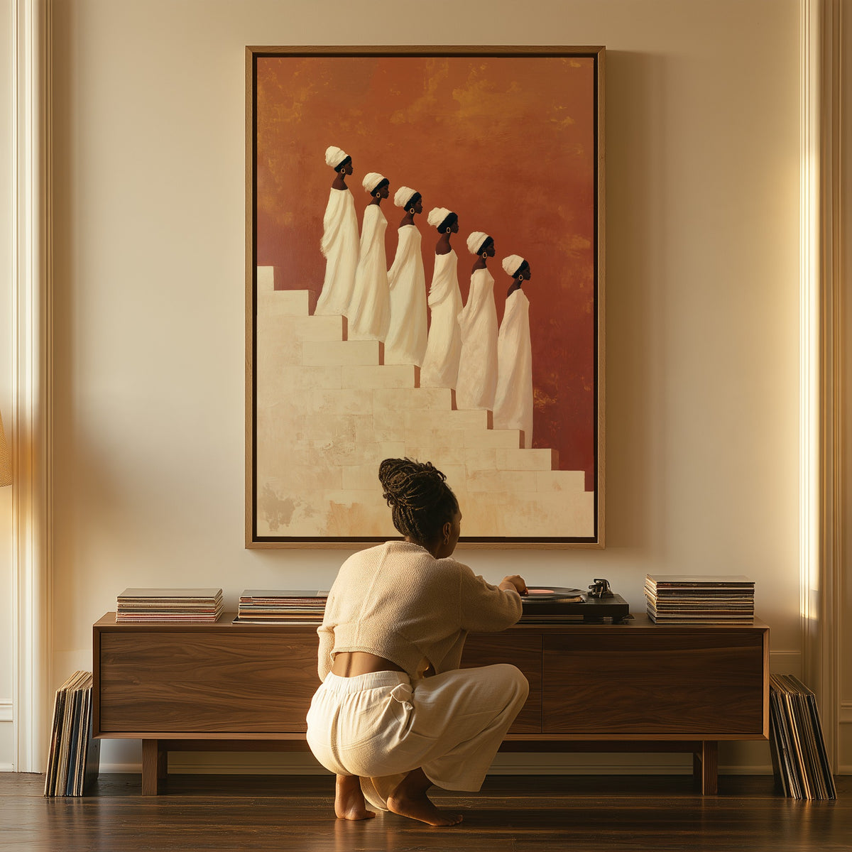 The Procession canvas above a console table, a woman beside it