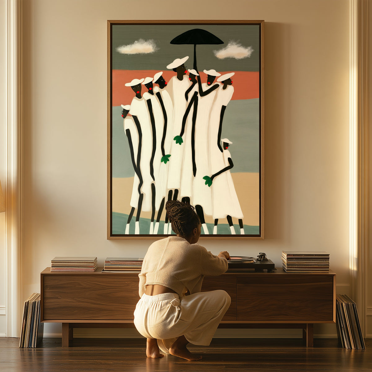 Under One Umbrella canvas above a console table, a woman beside it