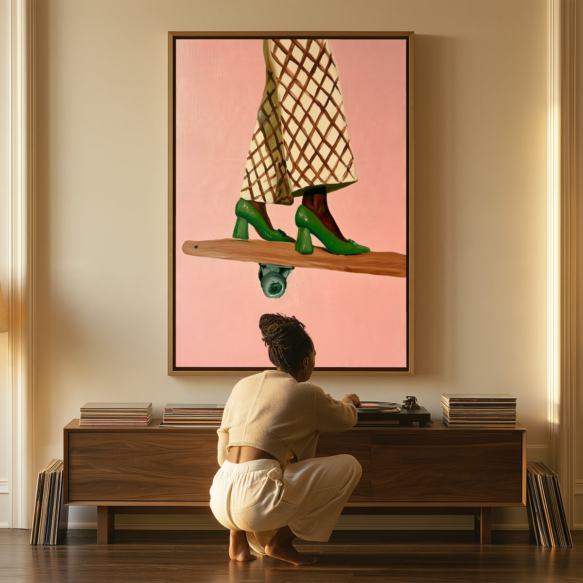 Poise canvas above a console table, a woman beside it