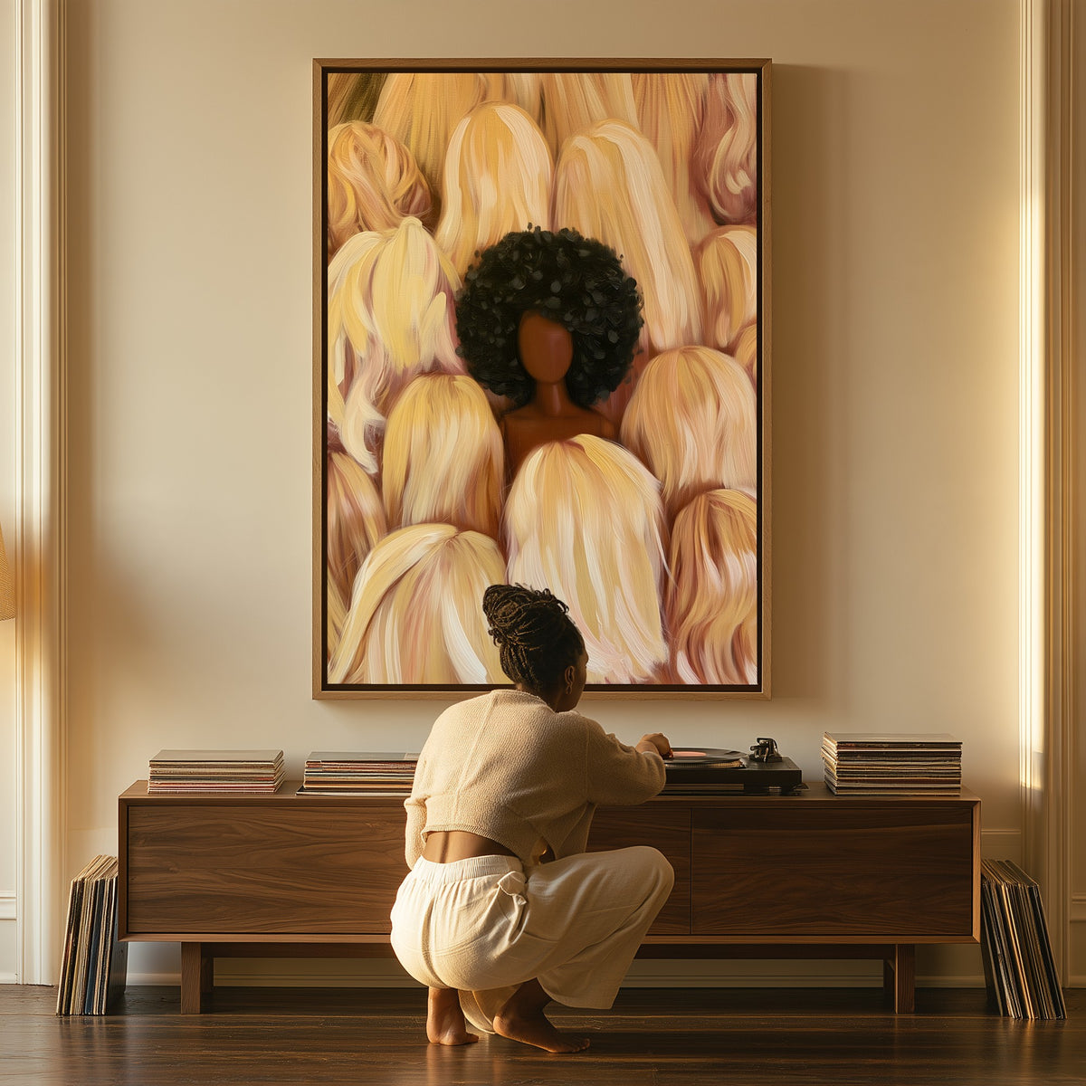 Portrait Among the Blondes canvas above a console table, a woman beside it