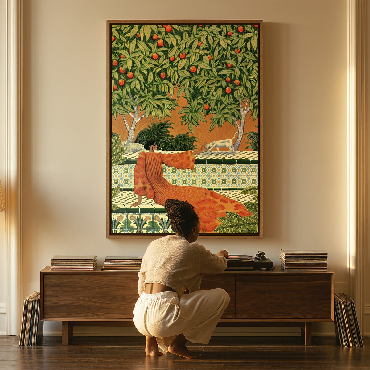 Orchard Heat canvas above a console table, a woman beside it