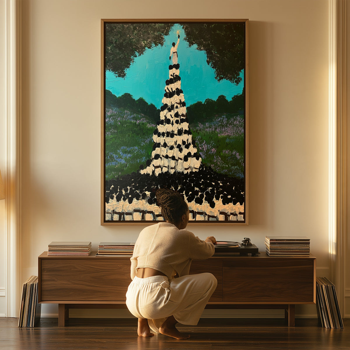 Ascent canvas above a console table, a woman beside it
