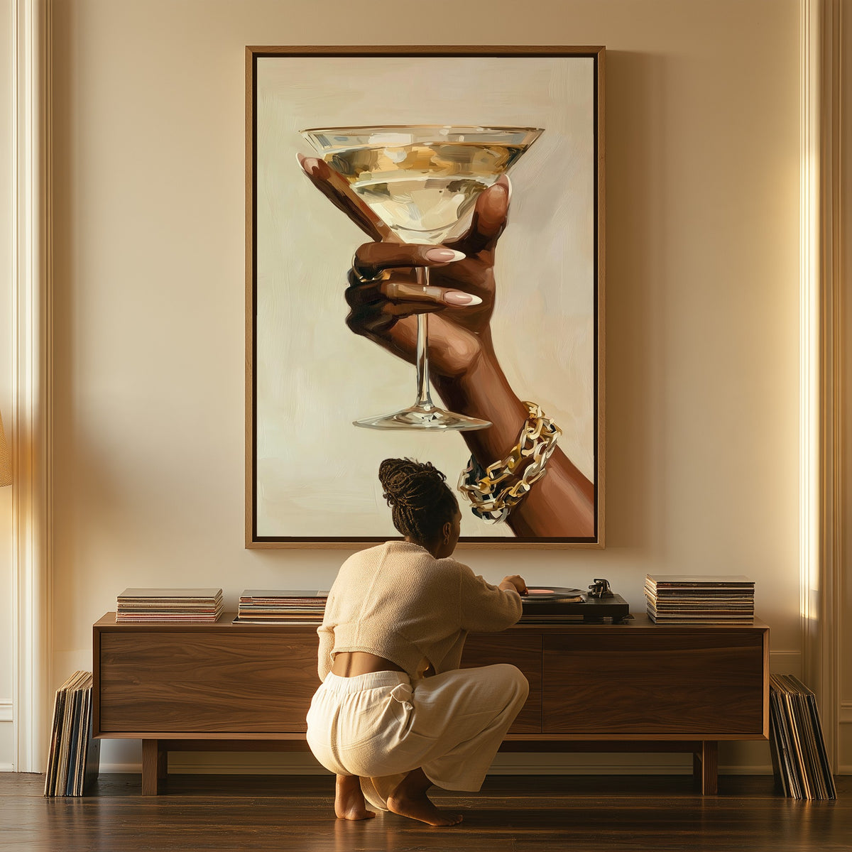 One Last Glass canvas above a console table, a woman beside it