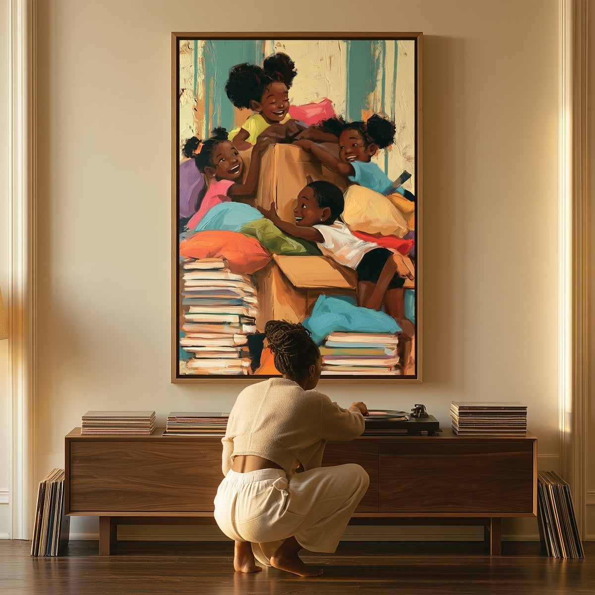 Pillow Fort Afternoon canvas above a console table, a woman beside it