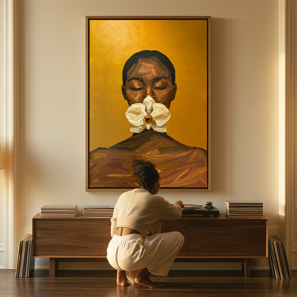 The Offering canvas above a console table, a woman beside it