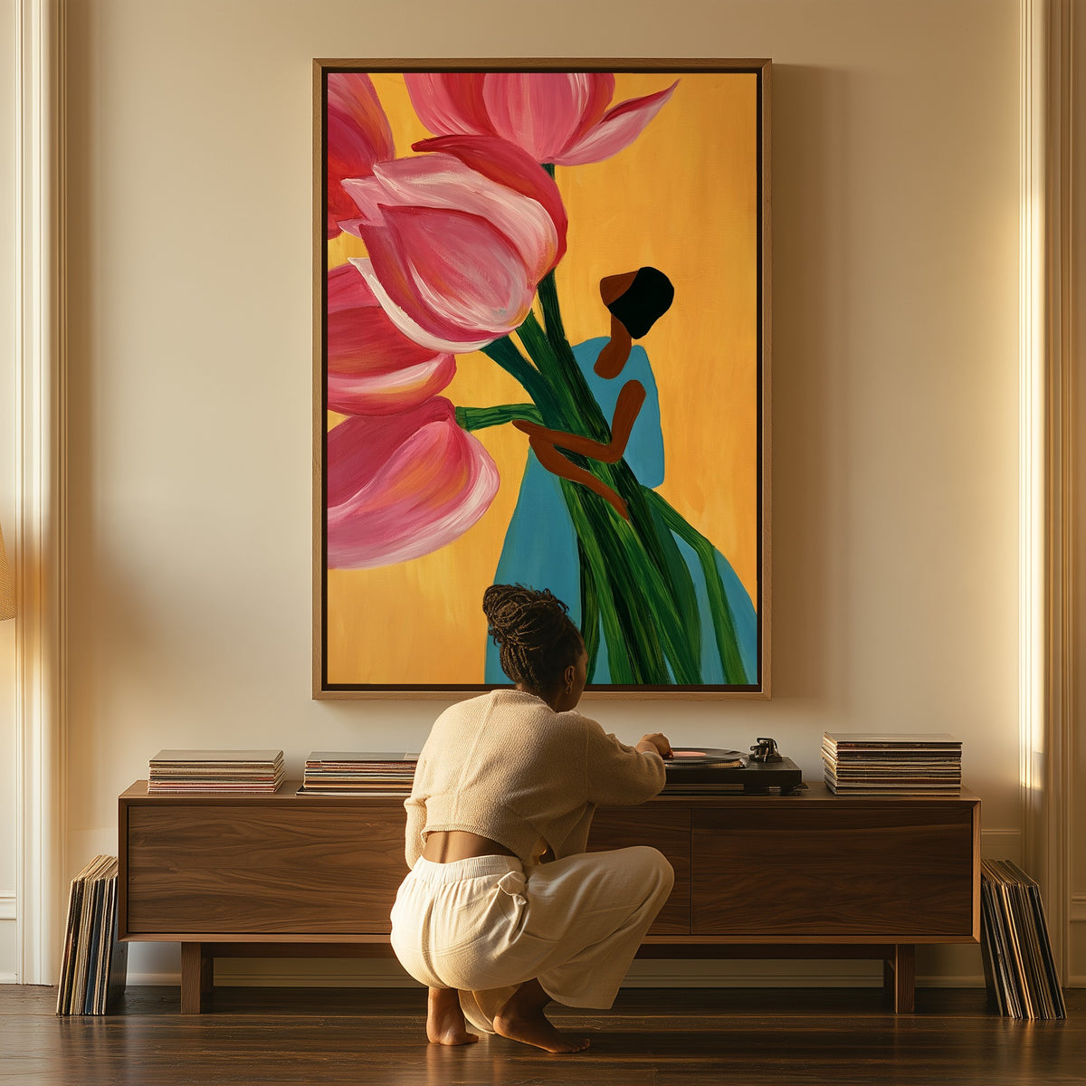 Carrying Spring canvas above a console table, a woman beside it