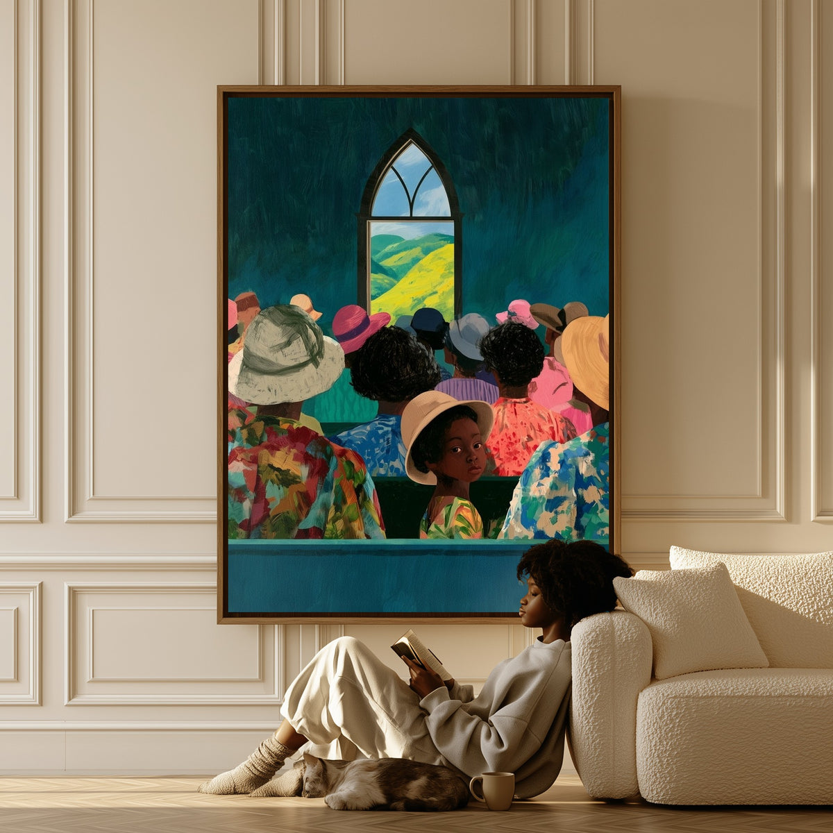 Morning Service canvas in a living room, a woman reading on the floor