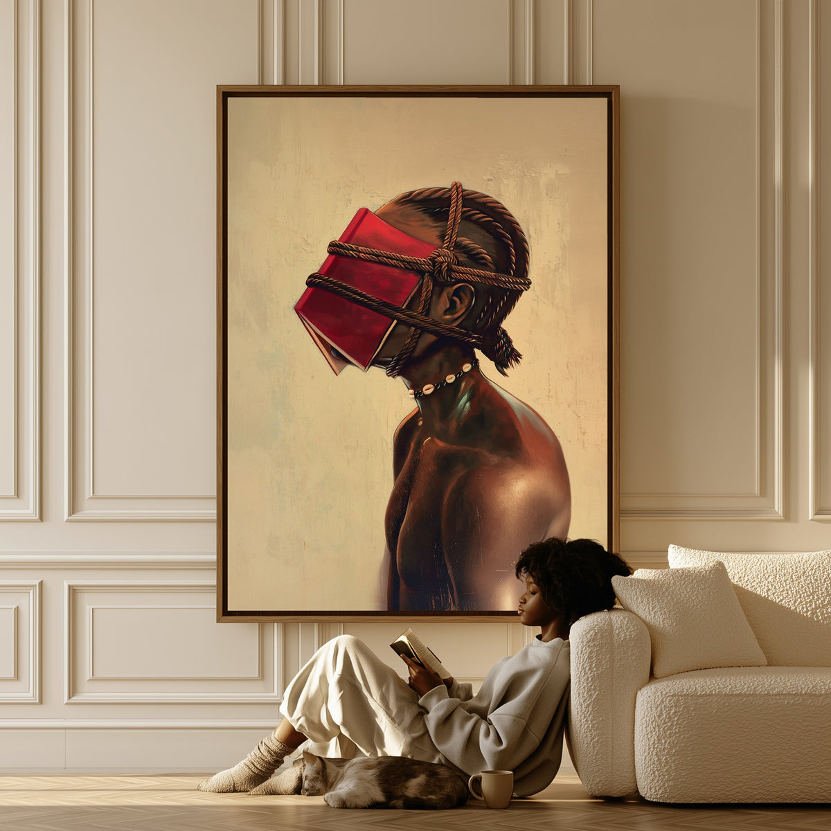 The Reader, Bound canvas in a living room, a woman reading on the floor