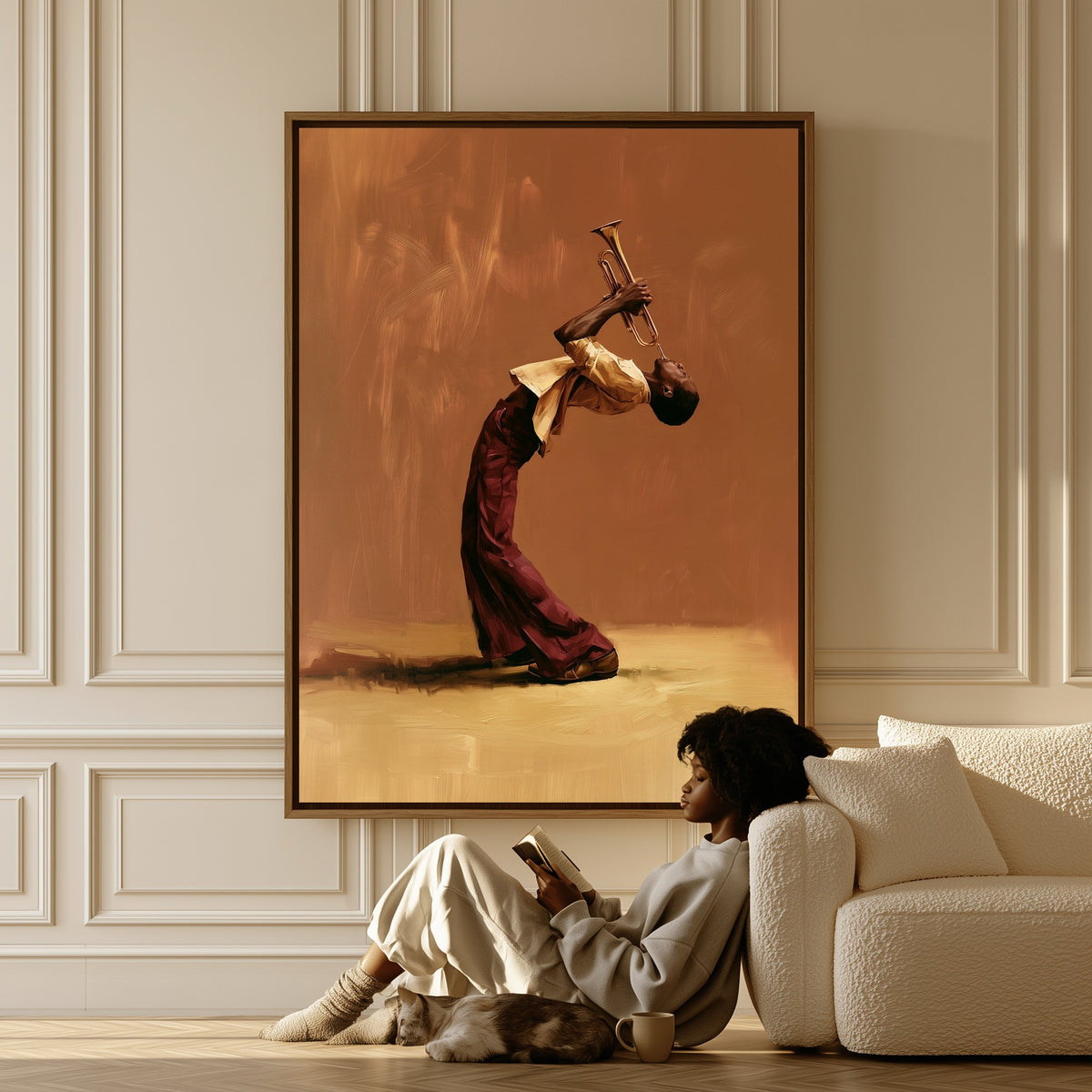 The Last Note canvas in a living room, a woman reading on the floor