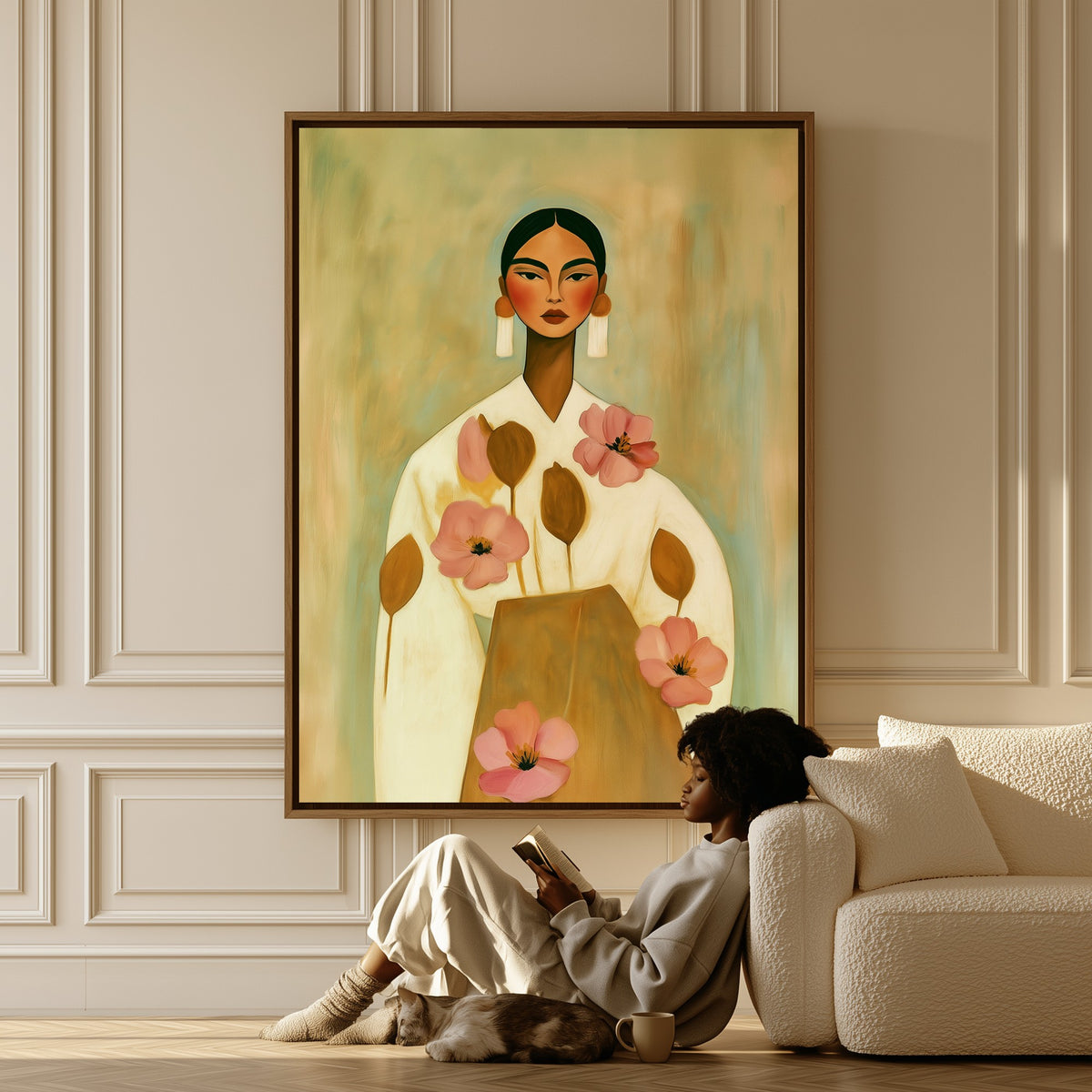 Soft Bloom canvas in a living room, a woman reading on the floor