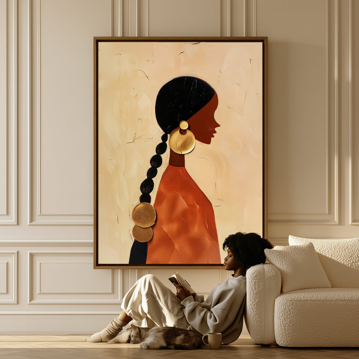 Woman with Gold Discs canvas in a living room, a woman reading on the floor