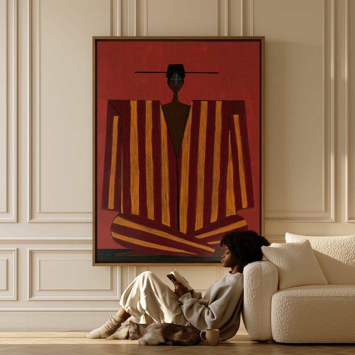 Carmine Stillness canvas in a living room, a woman reading on the floor