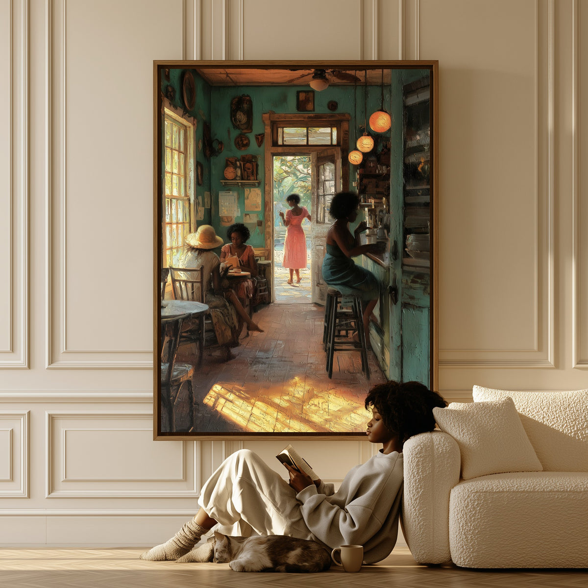 Morning at the Café canvas in a living room, a woman reading on the floor