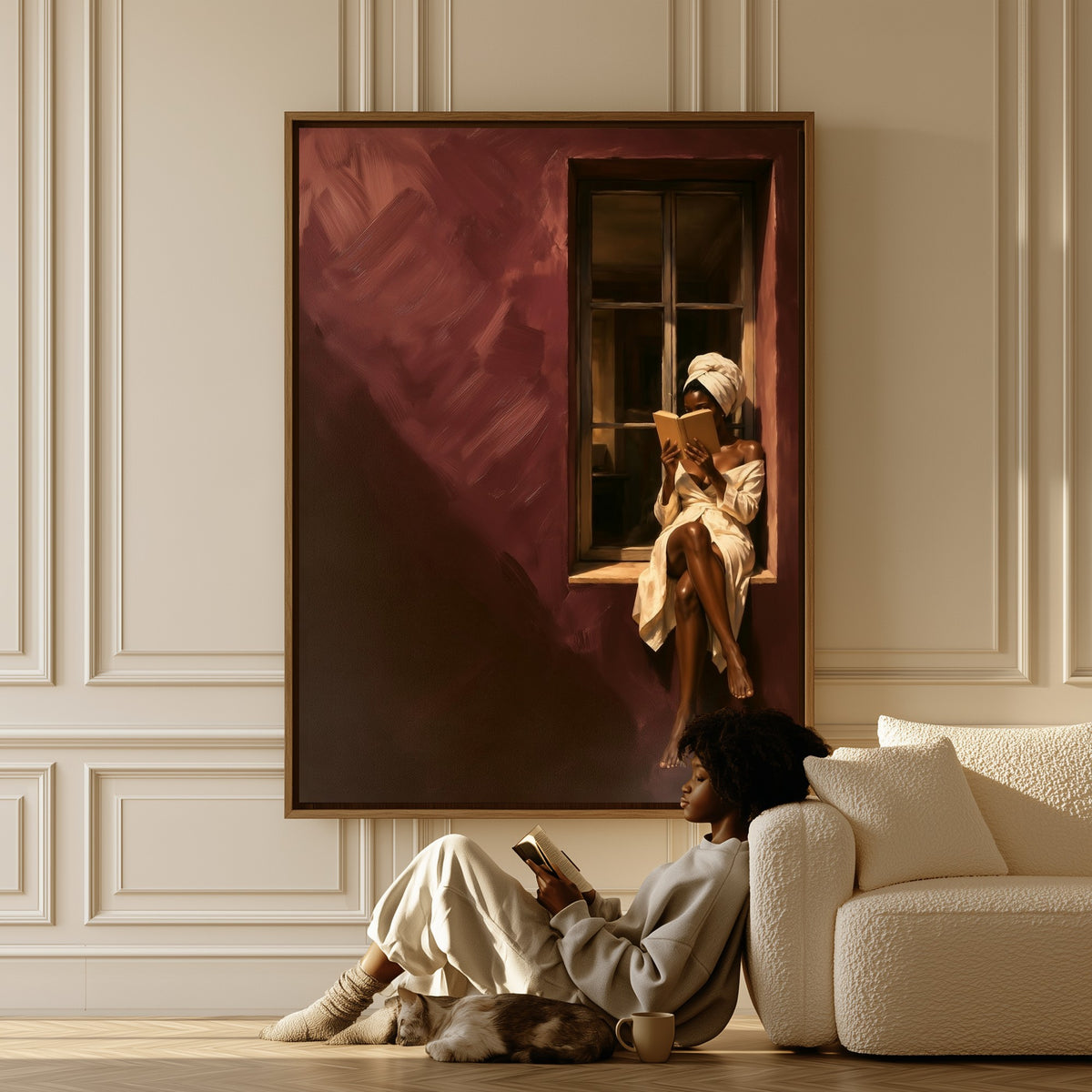 Reader in Burgundy canvas in a living room, a woman reading on the floor