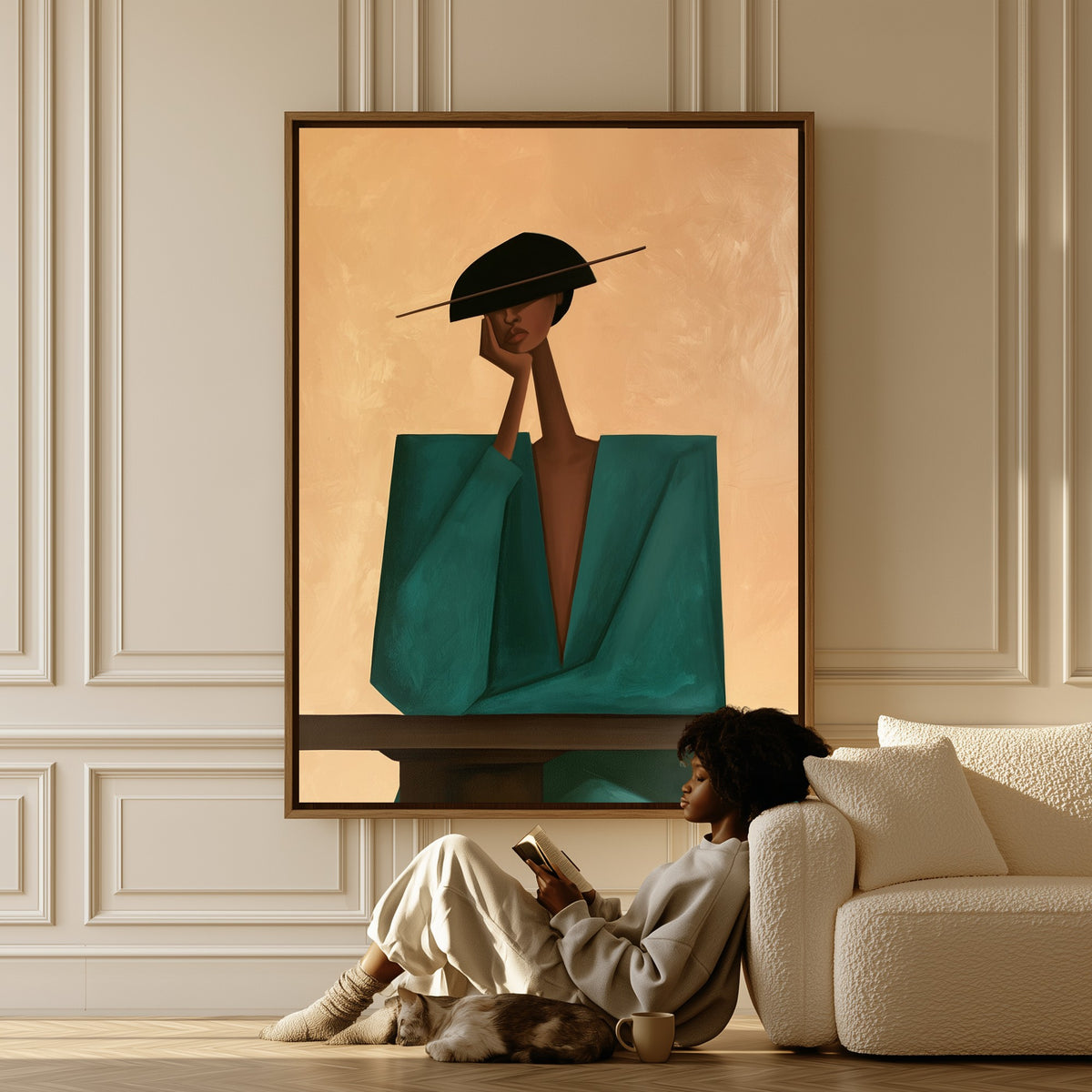 Idle Thought canvas in a living room, a woman reading on the floor