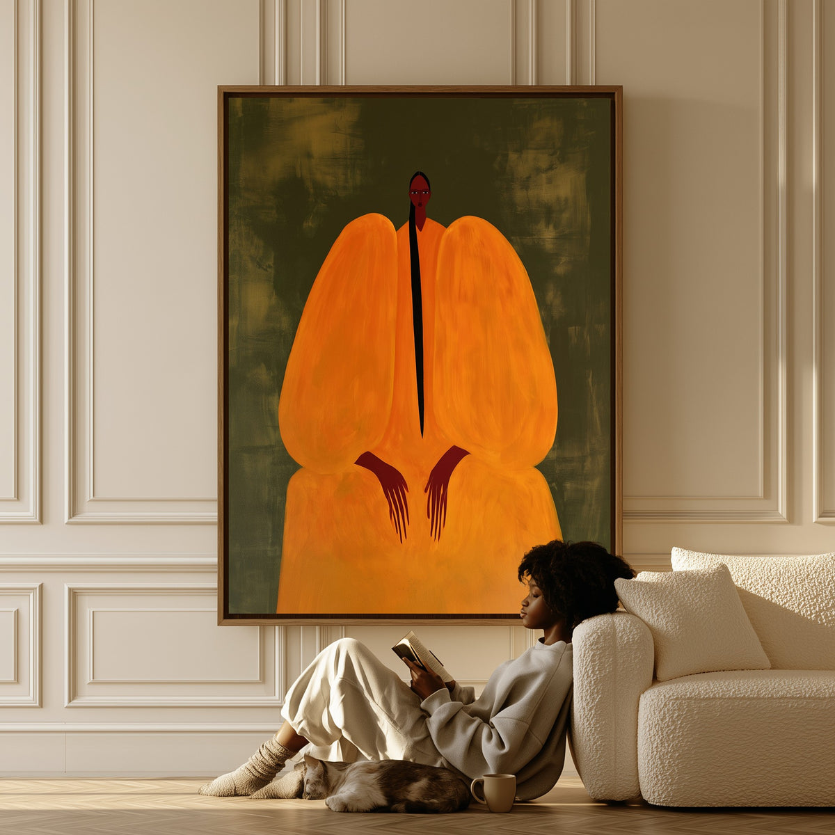 Saffron Hush canvas in a living room, a woman reading on the floor