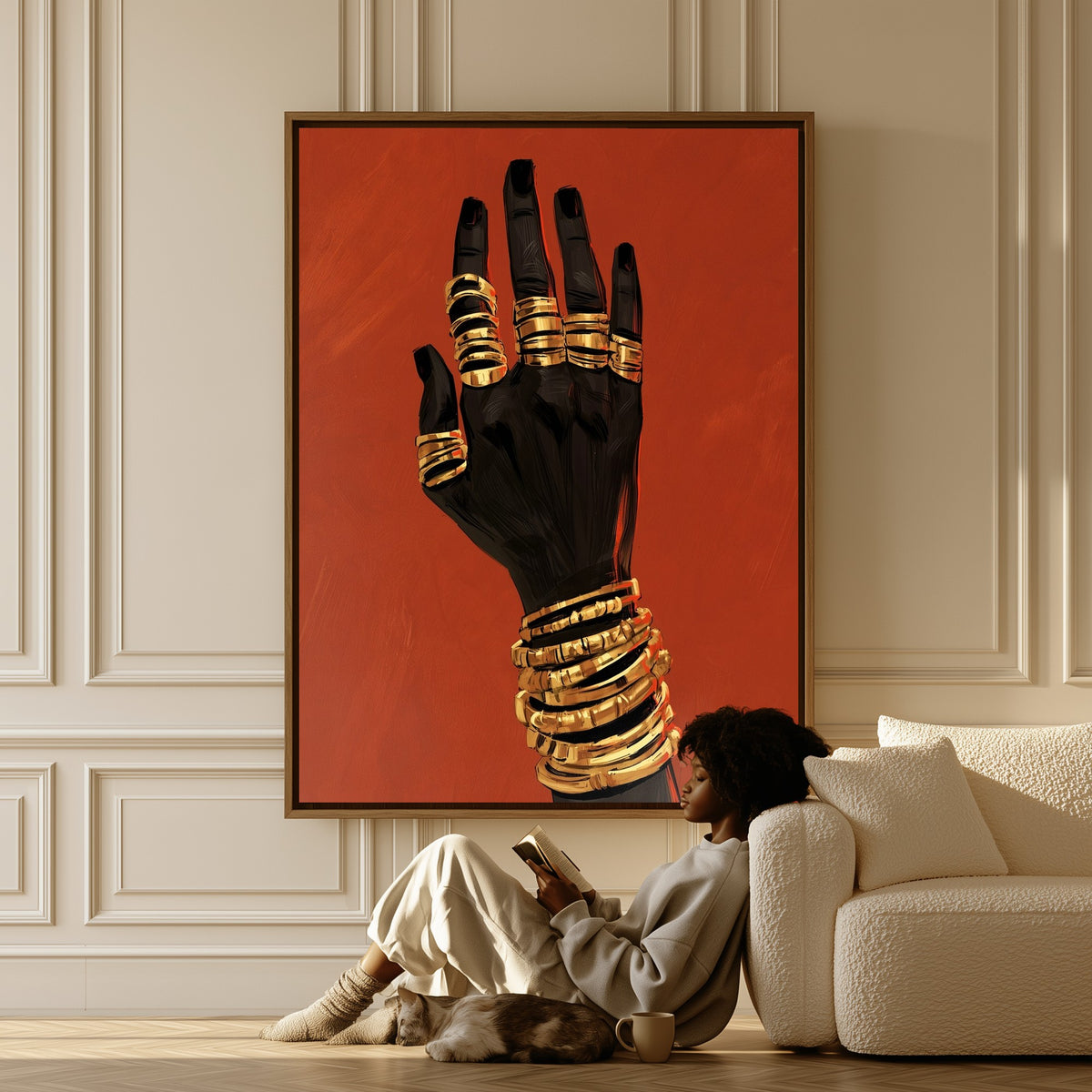 Hand in Gold canvas in a living room, a woman reading on the floor