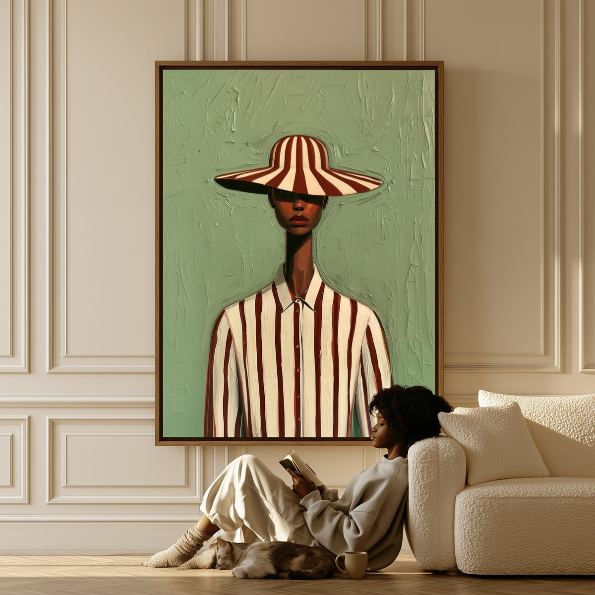 Striped Composure canvas in a living room, a woman reading on the floor