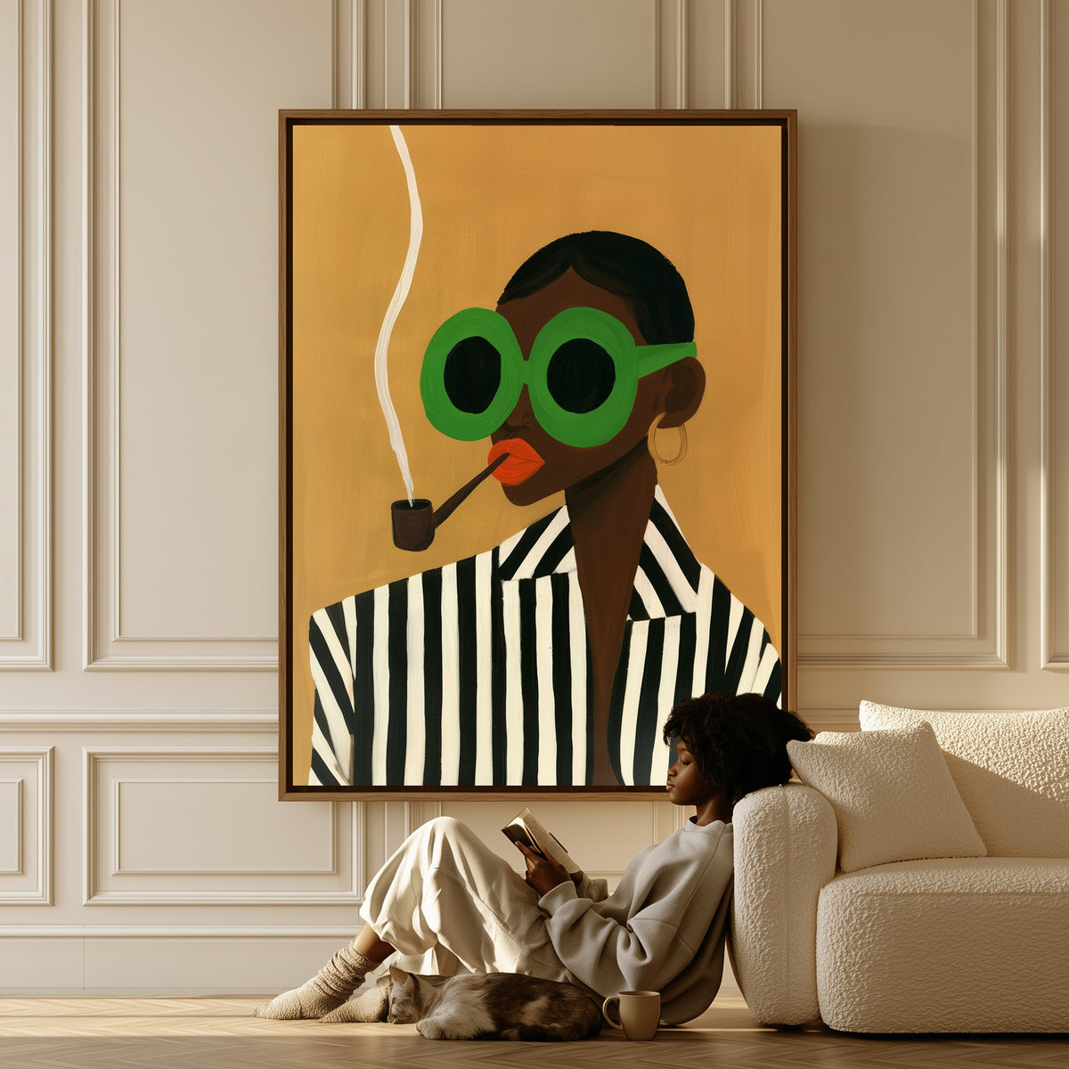 Woman with a Pipe canvas in a living room, a woman reading on the floor